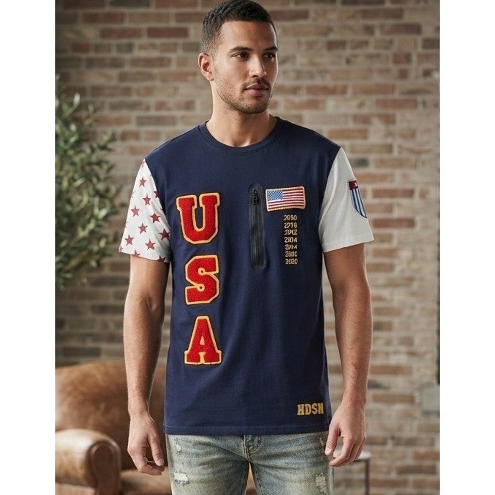 Hudson Outerwear USA Graphic Chenille Patch T-Shirt Men's Small Navy Streetwear